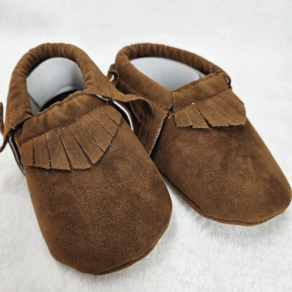 Meckior Baby Moccasins Size 2 Brown Faux Leather Tassel Soft Sole Crib Shoes NEW